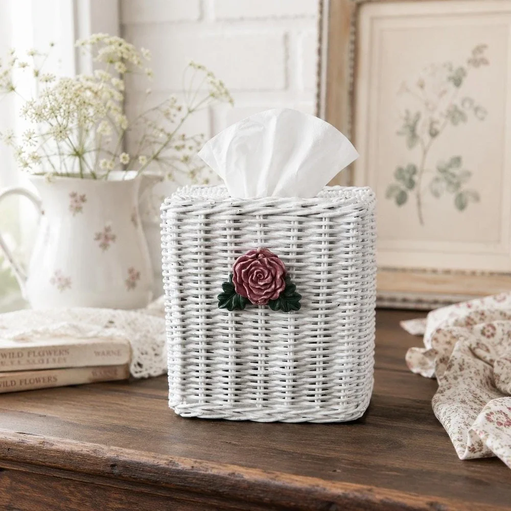 Wicker Tissue Box Cover - White Ceramic Rose - Cottagecore Shabby Chic Decor